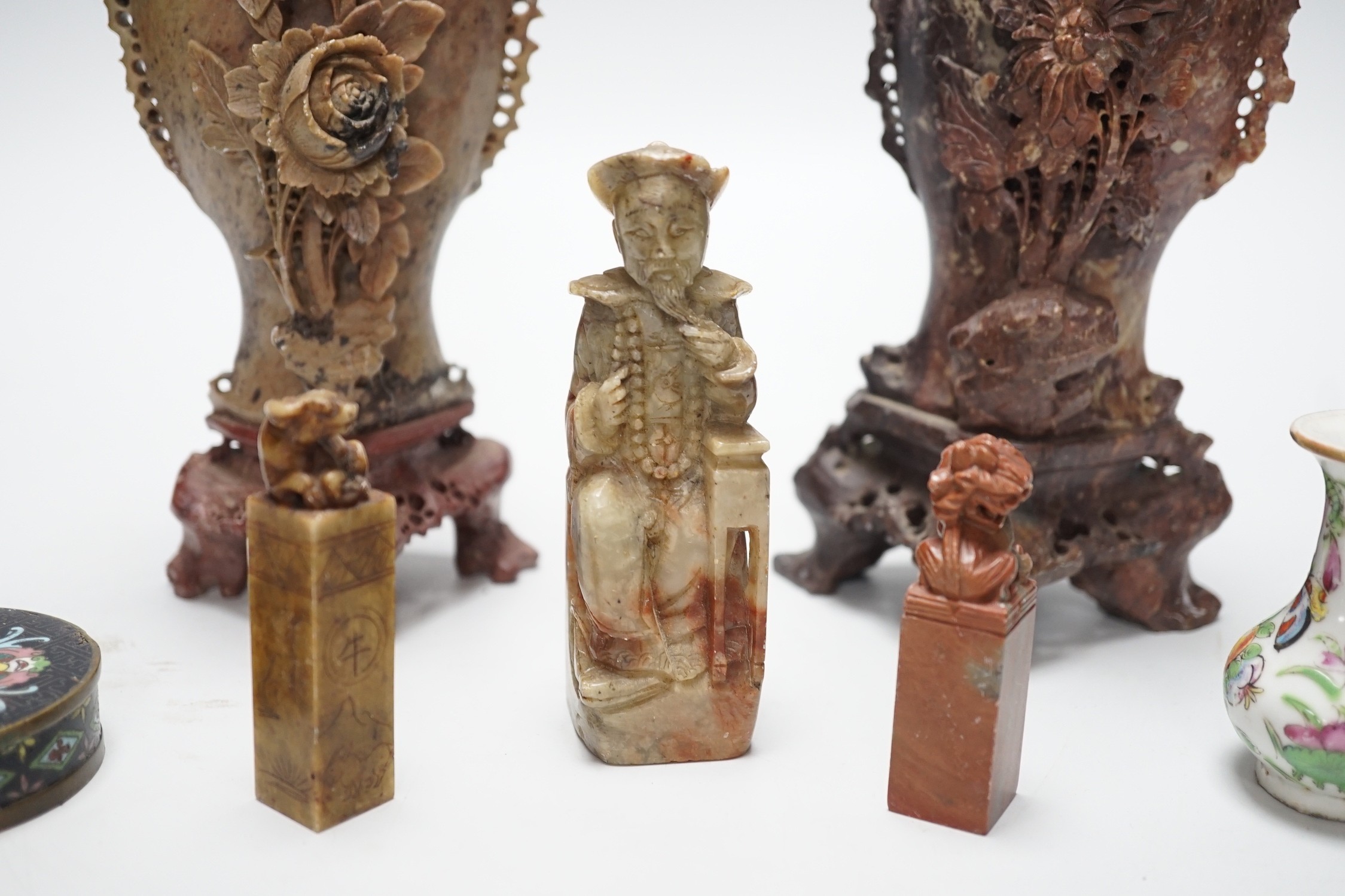 A group of Chinese soapstone carvings and seals, tallest 20cm
